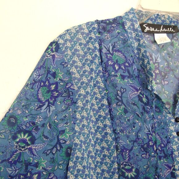 Susan Lucci Boho Blue Floral Chiffon 1/4 Button Front Long Sleeve Blouse Size L - Picture 9 of 11